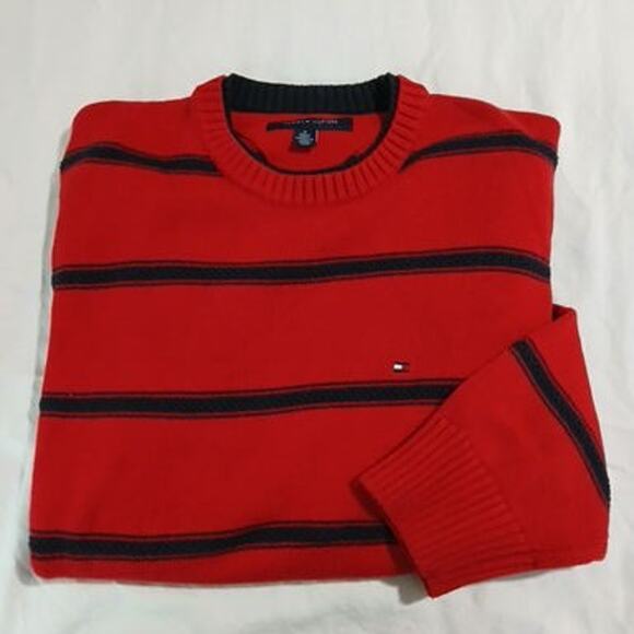 Tommy Hilfiger Men's Medium Red/Blue Striped 100% Cotton Long-Sleeved Sweater - Picture 1 of 10